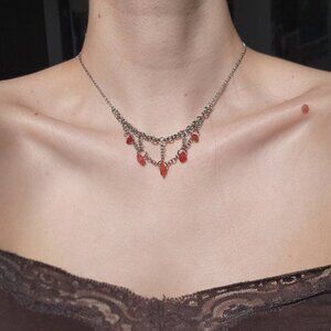 Gothic red crystal chain mail necklace with a small silver chain